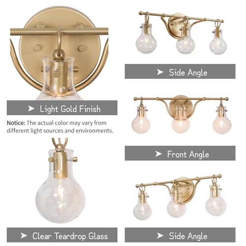 Image of KSANA Gold Bathroom Light Fixtures, 20'' Modern Vanity Lights with Clear Teardrop Glass Shade, 3-Light Bathroom Lighting Over Mirror