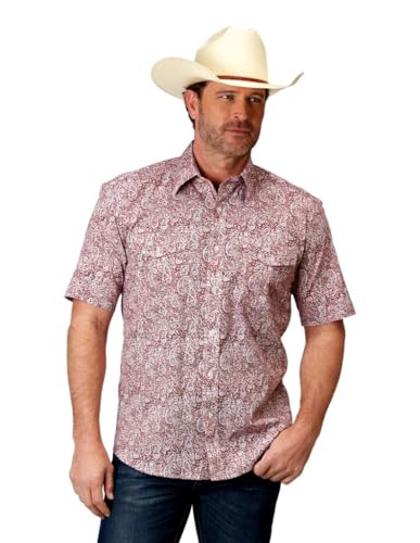 MENS SHORT SLEEVE BUTTON STRETCH POPLIN RED PAISLEY WESTERN SHIRT