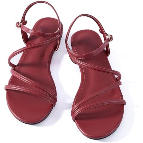 Mtzyoa Women Flat Gladiator Strappy Red Size 9 Dressy Ankle Strap Summer Vacation Comfort Leather Ladies Casual Party Trendy Cover