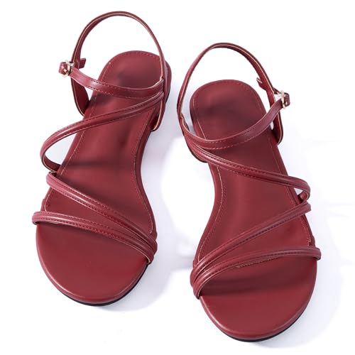 Image of Mtzyoa Women Flat Sandals Dressy Strappy Gladiator Summer Ankle Strap Nude Open Toe Comfortable Wedding Casual Leather Ladies Party Trendy Vacation