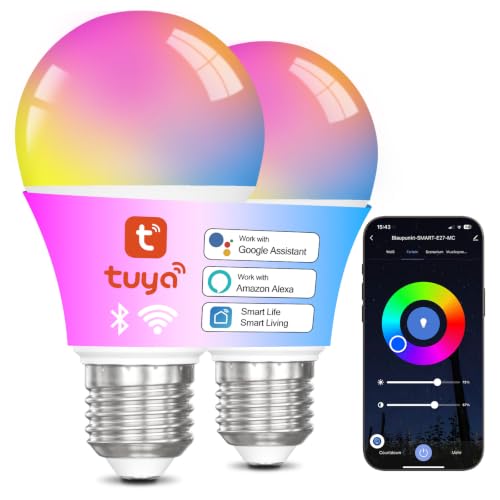ChangM Bombilla LED inteligente E27 WiFi y Bluetooth, Trabaja con Tuya o Smart Life APP, Compatible con Alexa y Google Assistant, A60 RGBCW+WW Bombilla,10W, 2700K-6500K, 1000LM, 2Pcs