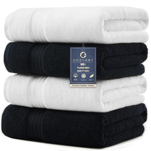 COZYART 4 Piece Luxury Bath Towels, 100% Turkish Cotton 650 GSM, 27x54, Soft Absorbent Quick Dry for Bathroom Hotel Spa, Black+White