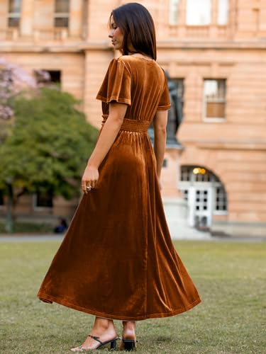 Image of Simplee Women's Velvet Maxi Dress V Neck Short Sleeve Empire Waist Semi Formal Long Cocktail Dresses