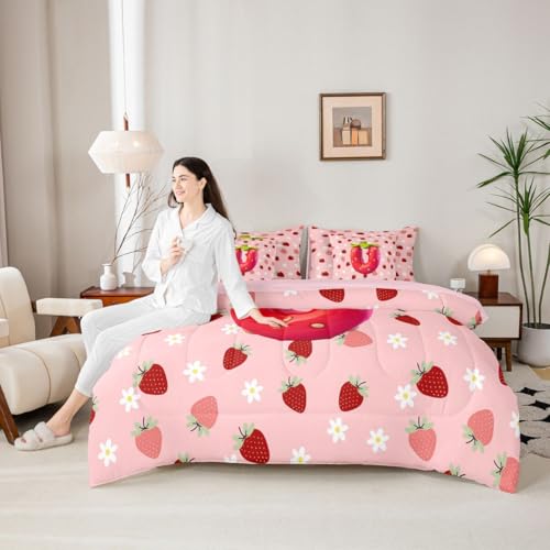 Image of Feelyou Girls Pink Red Strawberry Comforter Set with Sheets 7 Piece Twin Size Initial Letter U Bedding Set for Kids Boys Girls Princess Strawberry Bed in a Bag Room Decor Soft Lightweight Microfiber