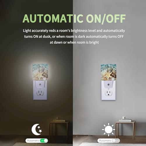 Image of Starfish Seashell on Beach Night Light, Summmer Beach Night Light Plug into Wall with Dusk to Dawn Sensor, LED Lamp Energy Saving Lights for Men Women Boys Girls,Lamp for Bedroom Bathroom Hallway