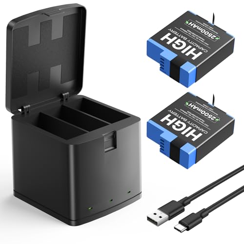 2�� 2500mAh �Ή� Gopro Hero 12 �o�b�e���[, Hero 9/10/11/12 �݊��o�b�e���[ 3�|�[�g USB-C�}���[�d �[�d�� �`���[�W���[ �q�[���[ �Z�b�g