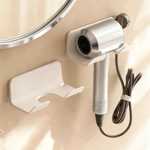 mioluo Universal Hair Dryer Holder Wall Mount Blow Dryer Hanger with Plug Cord Organizer No Drilling Self Adhesive for Bathroom Cabinet Door Vanity (1PCS White)