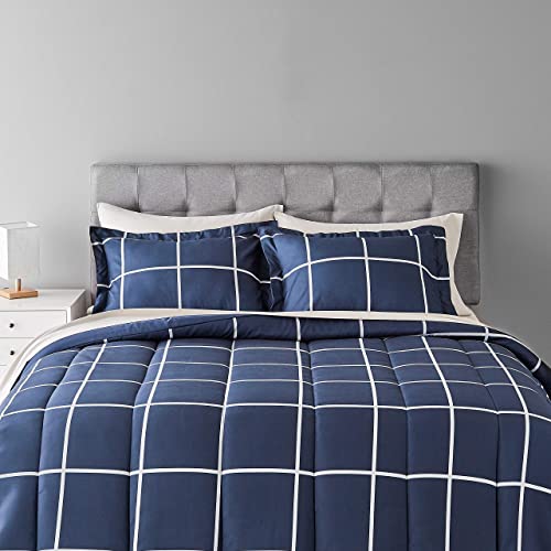 Amazon Basics 7-Piece Lightweight Microfiber Bed-In-A-Bag Comforter Bedding Set - Full/Queen, Navy With Simple Plaid #TOP6