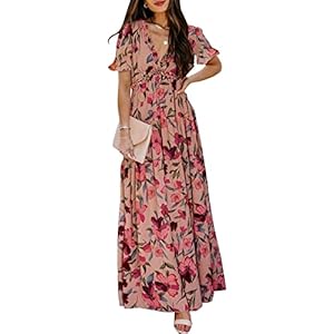 BLENCOT Womens Casual Boho Floral Printed Deep V Neck Short Sleeve Maxi Wedding Guest Dresses S-XL