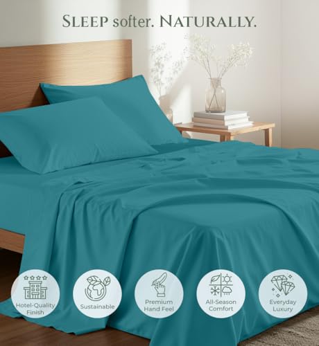 Image of Royale Linens 100% Organic Cotton Full Size Flat Sheet Only - Percale Top Sheets - Full Flat Sheet Sold Separately - Lightweight & Super Soft 100% Cotton Teal Bed Sheets Only (81 inch x 96 inch, Teal)
