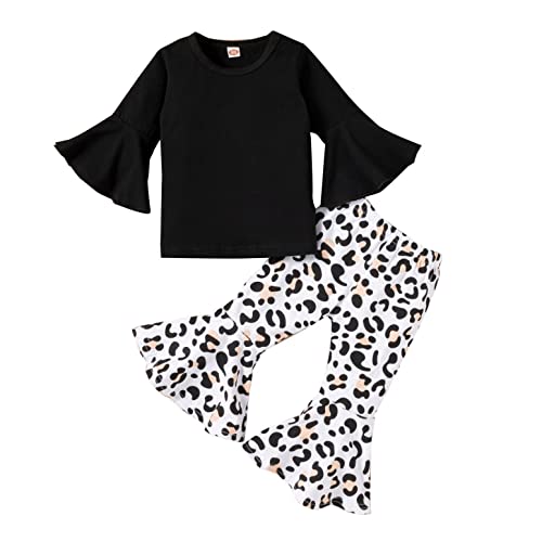 Vêtements Bébé Fille Pas Cher a la Mode Chic Habit Ensemble Enfant Fille 1-5 Ans Automne Haut T shirt Fille Manche Longue Uni Top Printemps + Pantalon Évasé à Imprimé Léopard (18-24 mois, Noir) Cover