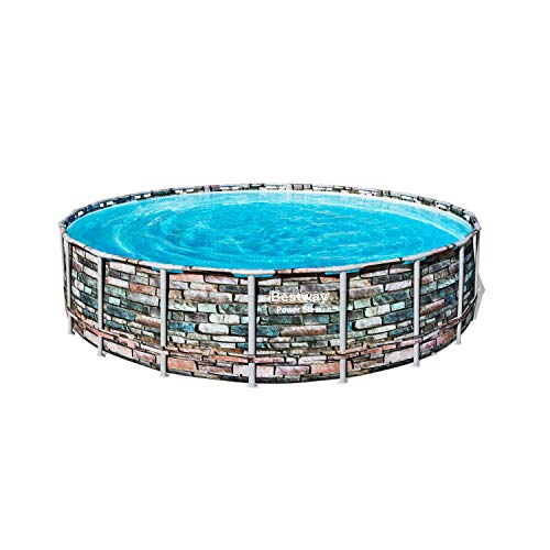 Bestway 56881E 20-Ft Diameter Power Steel Frame Round Above Ground Backyard Swimming Pool Set with Filter Pump, Ladder, and Cover, Stone Pattern Print