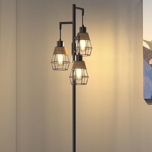 Image of Oneach 70 inch Floor Lamps for Living Room, Stepless Dimmable Boho Floor Lamp with 3 Bulbs, Tall Farmhouse Industrial Corner Standing Tree Lamp for Bedroom, Office, Study Room, Dining Room, Black