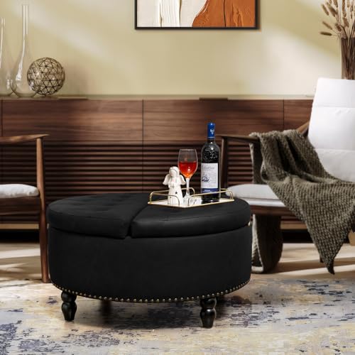 Vabches 30 Inch Round Storage Ottoman,Modern Button Tufted Coffee Table with Lift Top, Large Round Leather Ottoman Upholstered Footrest Stool Toy Blanket Storage for Living Room, Black