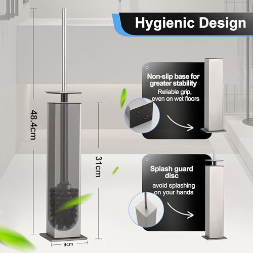 Image of BVL Toilet Brush and Holder Set Brushed Nickel Stainless Steel 304 Square Freestanding Toilet Brush for Bathroom