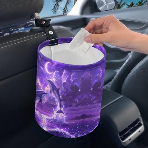 Image of Dolphin Moon Car Trash Can Reusable Foldable Cute Hanging Portable Dustbin Bin Waste Basket Car Accessories Interior for Car SUV Trucks Universal