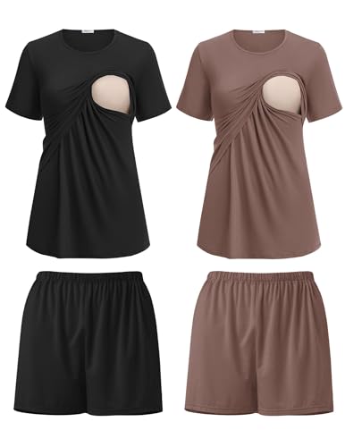 Ekouaer Maternity Nursing Pajamas 2 Pack Short Sleeve Nursing Loungewear Breastfeeding PJS Postpartum PJS Tops & Shorts XXL Black/Brown