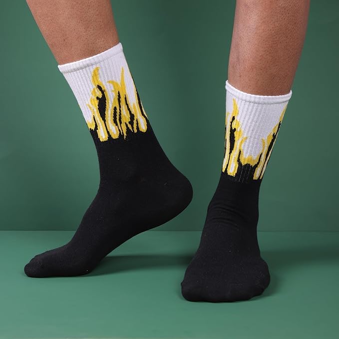 Image of Socks for Men & Women | Pack of 7 Pairs | Multicolored Flame Print Cotton Crew Socks | Free Size Breathable & Casual Socks for Sports, Gym & Daily Use