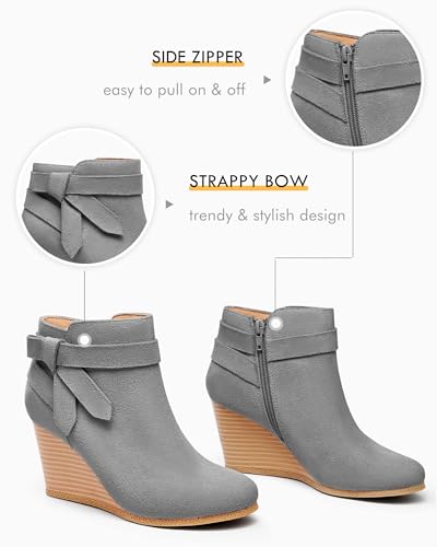 Coutgo Womens Wedge Booties Fall Ankle Boots Tie Knot Stacked Heeled Side Zipper Winter Dress Shoes3
