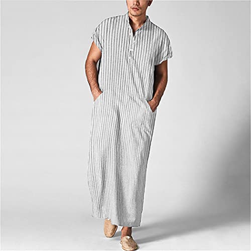Men Islamic Arabic Kaftan, Striped Short Sleeve Casual Pockets Muslim Robes, Cotton Saudi Arabia Jubba Thobe4