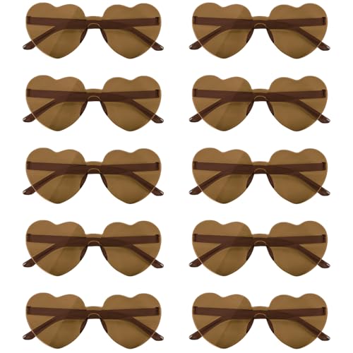 NACHLYNN 10 Pairs Heart Sunglasses Women Rimless Heart Shaped Sunglasses Candy Color Glasses for Costumes Cosplay (Brown)