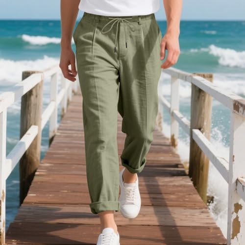 Linen Pants for Men Drawstring Breathable Elastic Waist Straight Leg Pants Solid Color Lightweight Long Trousers4