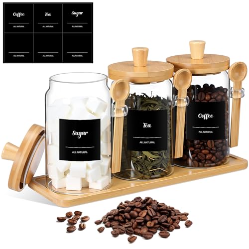 Image of Suclain 3 Pcs Glass Coffee Container Set, 25 oz, Natural Bamboo | Coffee Tea Sugar Canister Set, Airtight Jar Food Storage with Wood Spoon Tray Labels, Kitchen Counter Bar Organization