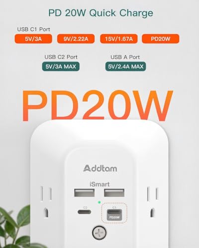 Image of Addtam 5-Outlet Extender Surge Protector, Multi Plug Wall Outlet with 4 USB Wall Charger(PD 20W), Outlet Splitter Power Strip for Home Office Dorm Room Essentials, Plug Extension Outlet 1800J