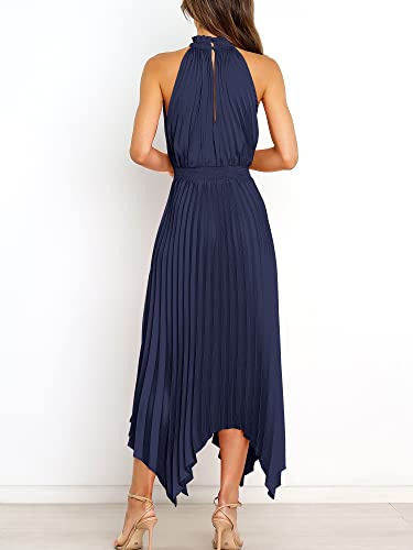 Anrabess Women's Sleeveless Cutout Halter Neck Satin Formal Dress Smocked Pleated Asymmetric Party Cocktail Maxi Dress Elagant Wedding Guest Evening Graduation Prom Dress 752Zanglan-L Navy Blue #TOP4