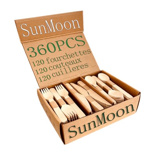 SunMoon Eco Friendly 360 Pack Couverts jetables en bois, 16 cm de long, emballage sans plastique, remplaçant les couverts en plastique et en bambou, compostables,...