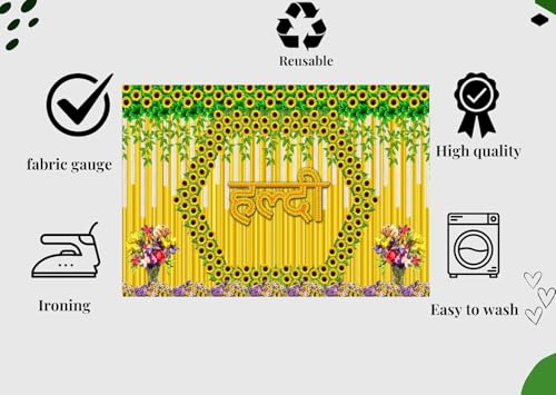 Image of DARSHANAM WORLD Wedding Decorative Cloth for Haldi & Mehndi Ceremony, Photoshoot, Haldi Background Enhancer for Mehndi Ceremony (8x5 ft, 3D Printed Backdrop with Floral & Logo Design) (Yellow)