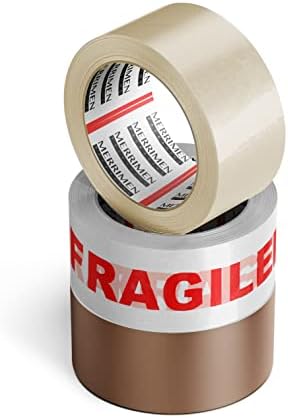 Merrimen Strong Heavy Duty Roll Pack Fragile Packaging Tape | Secure Sticky Sealing Tape for Parcel Boxes, Moving Boxes, Large Postal Bags for long term storage | (48MM x 66M) (6 rolls, Fragile)