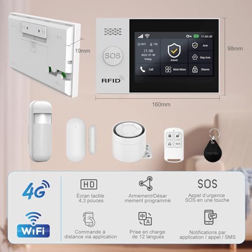 WiFi Wireless Alarm System for Home Security - 24/7 Protection Smart Home Devices 4.3\" Touch Screen, GSM/4G+WiFi, App Instant Alerts, No Monthly Fee, Alexa Compatible for Villa, Kids Safety (21pcs)