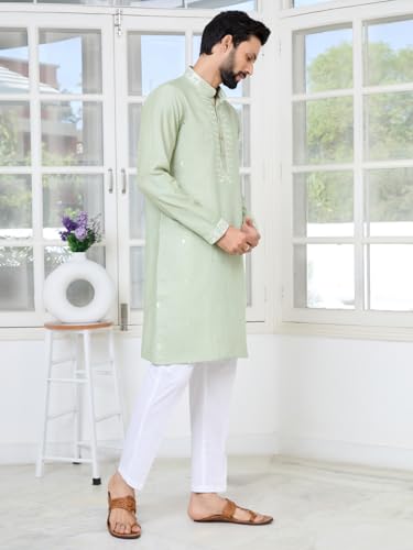 Image of See Designs Men's Full Sleeve Mandarin Collar Sequins Embroidered Chanderi Straight Long Kurta with Yoke Design - Festive Collection