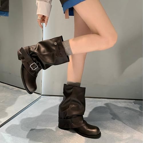 Women's Vintage Mid Calf Boots Buckle-up Chunky Heel Western Motorcycle Boots with Pleated for Casual Comfortable Wear3