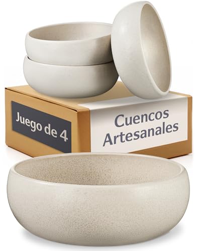 Cosumy Set de 4 Cuencos Ceramica Blancos (750 ml Bowl) Tazones Artesanales con Esmalte Reactivo – Cuenco apto para Microondas y Lavavajillas – Set de 4 Bol para Desayuno, Sopa & Bowls