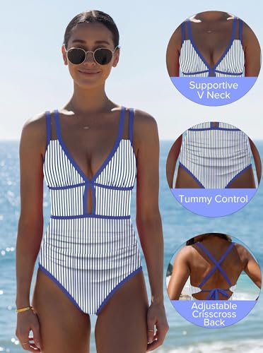 Image of popvil Women One Piece Swimsuit 2026 Tummy Control Sexy Cutout Neon Color Block Bathing Suit Slimming Adjustable Swimwear