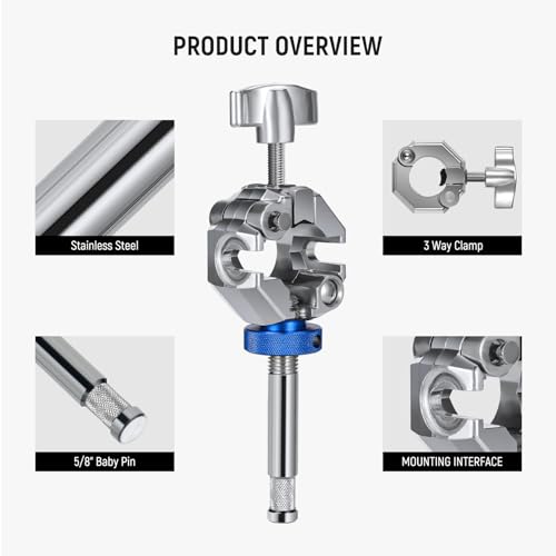 Image of NEEWER 3 Way Clamp with 4.1in /105mm 5 /8 inch Baby Pin Stud for 1 inch-1.4 inch /25-35mm Tube C Stand Boom Arm Grip Arm Photography Light Stand, Stainless Steel for LED Video Light Flash, Max Load 22lb /10kg, UA045