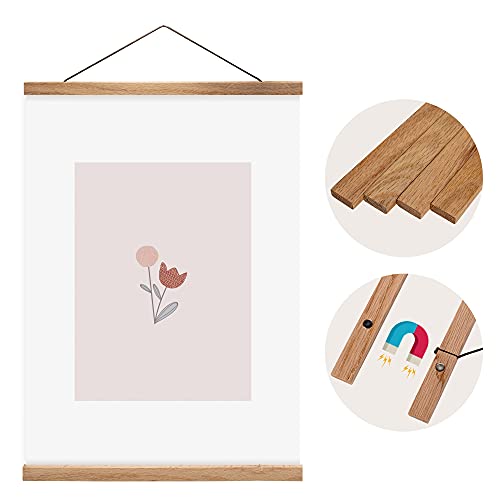Olgs Holz Bilderrahmen hochwertig aus Eiche für Wandbilder, Poster und Fotos magnetisch DIN A4 | Posterleiste Posterschiene Holzrahmen Bilderleiste Klemmleiste (42cm, Eiche)