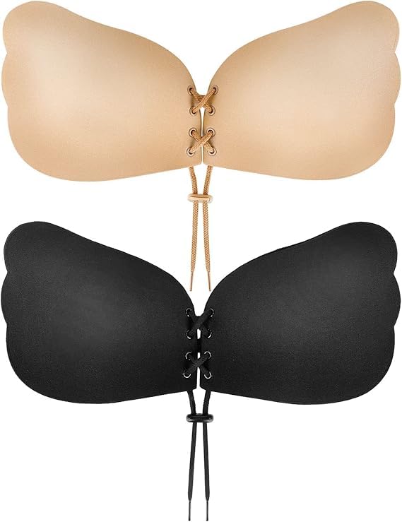 Generic 2 Pairs Sticky Bra, Backless Strapless Push Up, Drawstring, Adhesive Lift Up Bras, Reusable Silicone Bras, Black, Size 80C