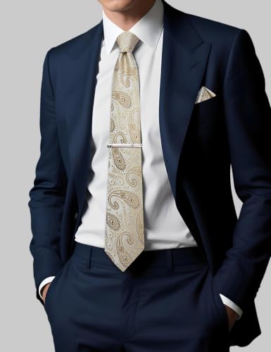 Image of DiBanGu Silk Floral Ties for Men Woven Paisley Necktie and Tie Clip Handkerchief Cufflinks Set for Party Wedding