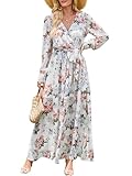 ANRABESS Women’s Long Sleeve Floral Maxi Dress Boho Flowy Wrap Slit V Neck Beach Fall Wedding Guest Party Vacation Dresses Floral White X-Large