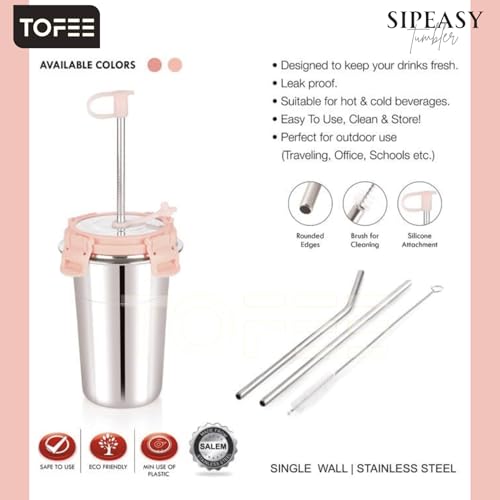 Image of TOFEE Stainless Steel Tumbler with Lid, Straw & Cleaning Brush (Each 400ml) Leakproof Travel Cup, Reusable & Durable, Sippy Cups for Home, Office & Outdoors (2, Pink)