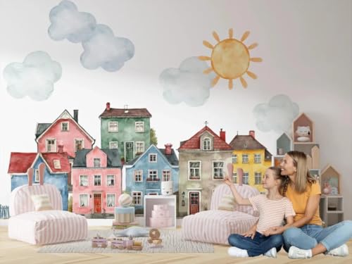 Vinilo decorativo mural de pueblo acuarela para habitación infantil miniatura 5