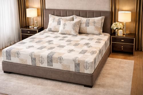 Image of 400 TC Cotton Feel Fully Elastic Fitted Bedsheet Queen Size Set || Includes 1 Elastic Bedsheet for Queen Size Double Bed with 2 Pillow Covers (60 inch x 78 inch inches, Beige)