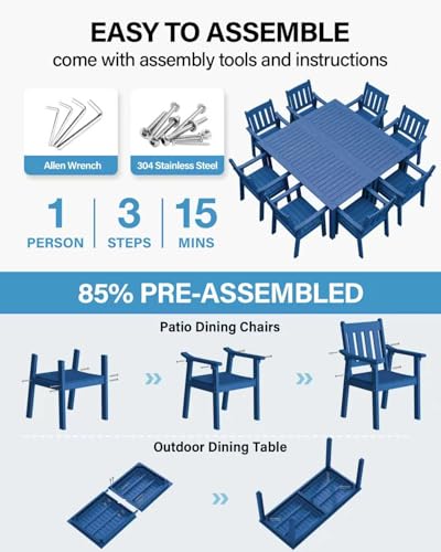 Image of YEFU HIPS Patio Table Set: 10 Piece Outdoor Table and Chairs Dining Furniture Set with Umbrella Hole - Blue Modern Plastic Dining Sets 8 Person for Outside Deck with Metal Aluminum Frame