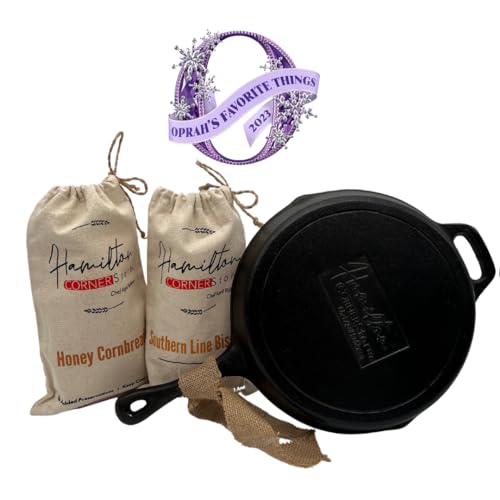 Hamilton Cornerstore Cast Iron Skillet with Cornbread Mix & Biscuit Mix - Southern Cooking Bundle - 10 Inch Pre-Seasoned Frying Pan, Non-Stick