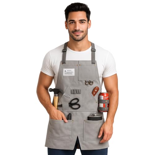 ShopINess Delantal Industrial Multifuncional Unisex de Lona con Bolsillos Delantal Impermeable para Jardinería Barbacoas Catering Bricolaje y Barbería Correa Ajustable y Fácil de Limpiar (Gris Claro)
