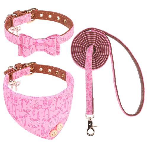 Image of EXPAWLORER Dog Collar and Leash Set - Pink Bowknot Dog Bow Tie and Dog Bandana Collar with Bell, Dog Leash Tangle Free, Adjustable Collars for Small Medium Large Dogs Cats, Holiday Ideal Gift, S