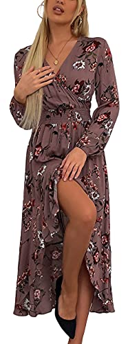 Image of Kormei Women Long Sleeve V Neck Floral Maxi Dress High Low Flowy Party Long Dresses M D10-RosyBrown